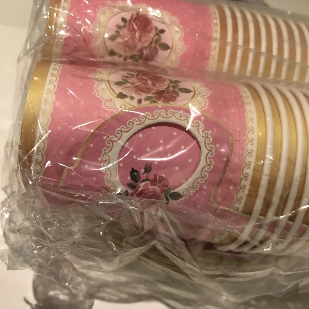 Elegant 60 PCS Pink Floral Party paper Plates and cups with handle.